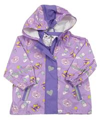 Světlefialovo-fialová nepromokavá bunda s dortíky a vtáčky a kapucňou lupilu