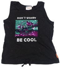 Čierny melírovaný crop top s překlápěcími flitre s emoji a nápismi a uzlom C&A