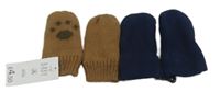 Nové - 2x - Rukavice - Hnědé pletené s tlapkami George, tmavomodré fleecové 