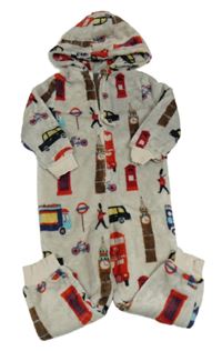 Světlešedá plyšová kombinéza s obrázky - Londýn a kapucí M&S