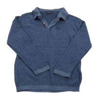 Tmavomodro-modrý melírovaný vzorovaný sveter s dinosaurom a golierikom Next