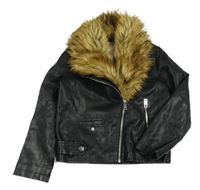 Černý koženkový jarní crop křivák s kožešinovým límcem Matalan