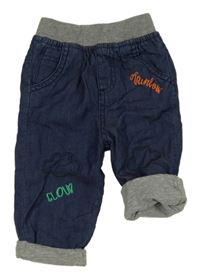 Tmavomodré ľahké podšité rifle s nápismi a obláčikmi  a sivým úpletovým pasom ORCHESTRA