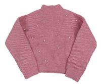 Ružový melírovaný rebrovaný svetrový oversize crop rolák s perlami V BY VERY