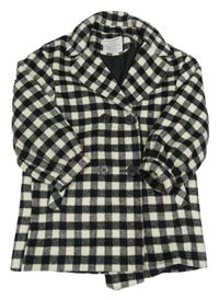 Černo-bílý kostkovaný vzorovaný vlněný podšitý kabát s límečkem PRIMARK