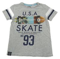 Sivé melírované tričko so skateboardom a nápismi a číslom a pruhmi C&A