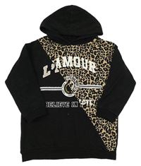 Čierno-hnedá tepláková tunika s leopardím vzorom s nápisom a kapucňou River Island