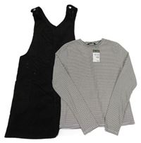 Nové - 2set - Černo-bílé pruhované žebrované triko + černé manšestrové laclové šaty Primark