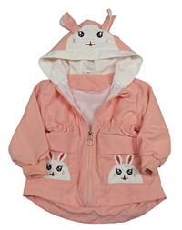 Ružová šušťáková jarná bunda s králikmi a kapucňou