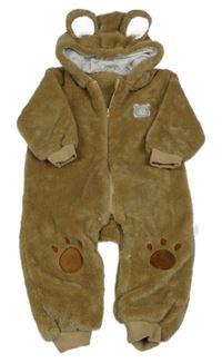 Hnedá chlpatá kombinéza s medvěďom a kapucňou