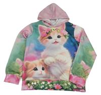 Ružovo-zeleno-modrá mikina s mačkami a kapucňou