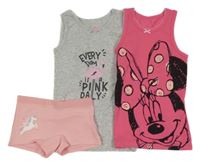 3set - Tmavorůžová košilka s Minnie + šedá melírovaná s plameňákem + růžové kalhotky s jednorožcem