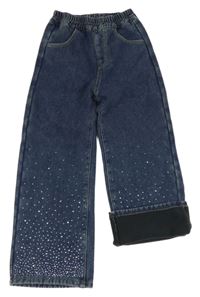 Tmavomodré zateplené široké rifle s kamínky