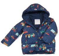 Tmavomodrá šusťáková zimní bunda s auty a kapucí Mothercare
