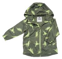 Khaki šusťáková podzimní bunda s dinosaury a kapucí F&F