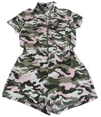 Khaki-růžovo-bílý army kraťasový overal New Look