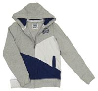 Sivo-tmavomodro-biela prepínaci mikina s nášivkou a kapucňou Alive