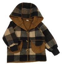 Hnědo-černý kostkovaný zateplený kabátek s kapucňou