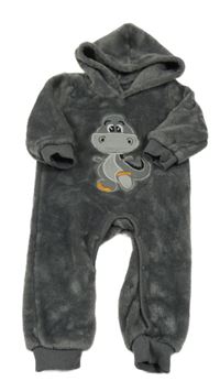 Tmavošedá plyšová kombinéza s dinem a kapucí 