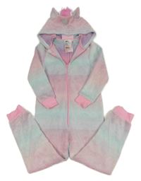 Světlerůžovo-modrá chlupatá třpytivá kombinéza s kapucí - jednorožec H&M