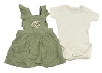 2set - Khaki mušelínové šaty s květy + smotanové rebrované body F&F