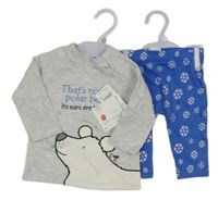 Nové - 2set - Šedé triko s medvědem + modré legíny s vločkami 