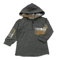 Tmavošedá melírovaná zateplená mikina s kostkovanými prvky a kapucí  