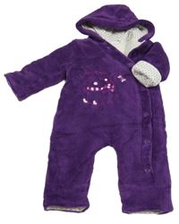 Fialová plyšová zateplená kombinéza s myškou a kapucňou