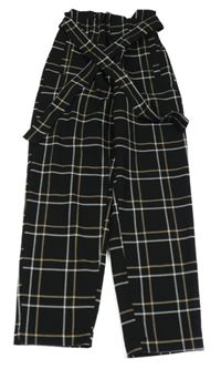 Černo-bílo-béžové kostkované kalhoty s páskem 