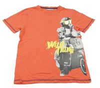 Korálové tričko s motorkou a nápismi Kids