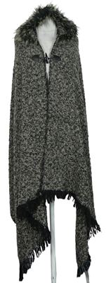 Dámske čierno-béžové melírované svetrové pončo s kapucňou