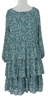 Dámske zelenomodré kvetované žoržetové šaty s volánikmi Studio