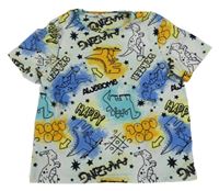 Bílo-modro-žluté tričko s dinosaury