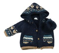 Tmavomodrý propínací zateplený svetr s kapucou s kapsami ve tvaru rukavic Next