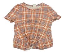 Bielo-oranžovo-modré kockované crop tričko s uzlom H&M