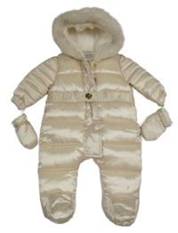 Světlebéžová prošívaná saténová zimní kombinéza s kapucí + rukavice F&F