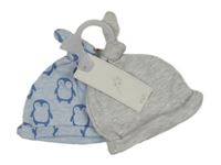 Nové - 2x čepice - šedá + světlemodrá s tučňáky F&F