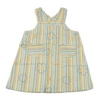 Žlto-modro-oranžové pruhované rifľové na traké šaty s kvietkami