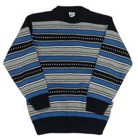 Tmavomodro-modro-sivý pruhovaný sveter so vzorom