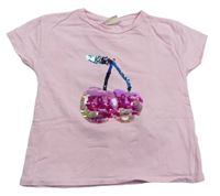 Růžové tričko s třešničkami z flitrů Zara 