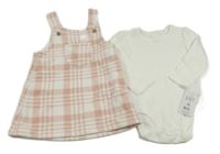 Nové - 2set - Světlerůžovo-bílé kostkované fleecové šaty + bílé body George 