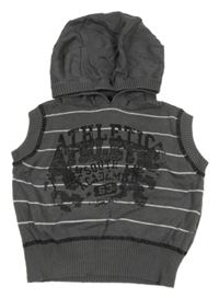 Sivá pruhovaná svetrová vesta s nápisom a kapucňou