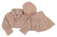 3set - Růžovo-bílo-pískový kostkovaný crop kabátek + sukně + baret Shein