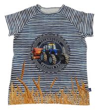 Tmavomodro-biele pruhované tričko s traktorom