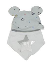 2Set - Svetlomodrá čapica s Mickey s kamarády a barevnými tečkami PRIMARK + bílý šátek/slinták s logem DKNY