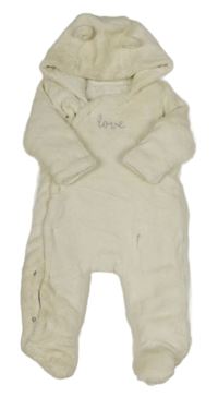Smotanová plyšová zateplená kombinéza s nápisom a kapucňou s uškami Mothercare