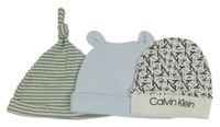 3x - Čepice - Khaki/bílá pruhovaná žebrovaná F&F, světlemodrá prošívaná s oušky KYLE&DEENA, bílo/černá s logy 