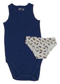 2Set - Tmavomodré nátělníkové body M&S + bílé pruhované slipy s auty St. Bernard