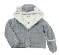 Šedý vzorovaný plyšový zateplený kabátek s medvídkem a kapucí s oušky C&A