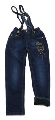 Tmavomodré teplákové thermo rifle s mašlemi s kamínky a kšandami 